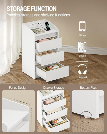 Hzuaneri Bedside Table Set of 2 with 3 Drawers, Side Table with Charging Base and LED, 2 AC Outlets and 2 USB Ports for Bedroom, Living Room, White NS40103X
