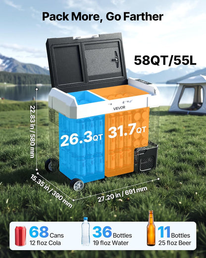 VEVOR Draagbare koelkast met compressor voor auto, DC 12 V/24 V, AC 100-240 V, draagbare koelkast voor kamperen, reizen, vissen, inhoud 55 liter, reservoir van -20 tot 20 °C, dubbel bereik voor