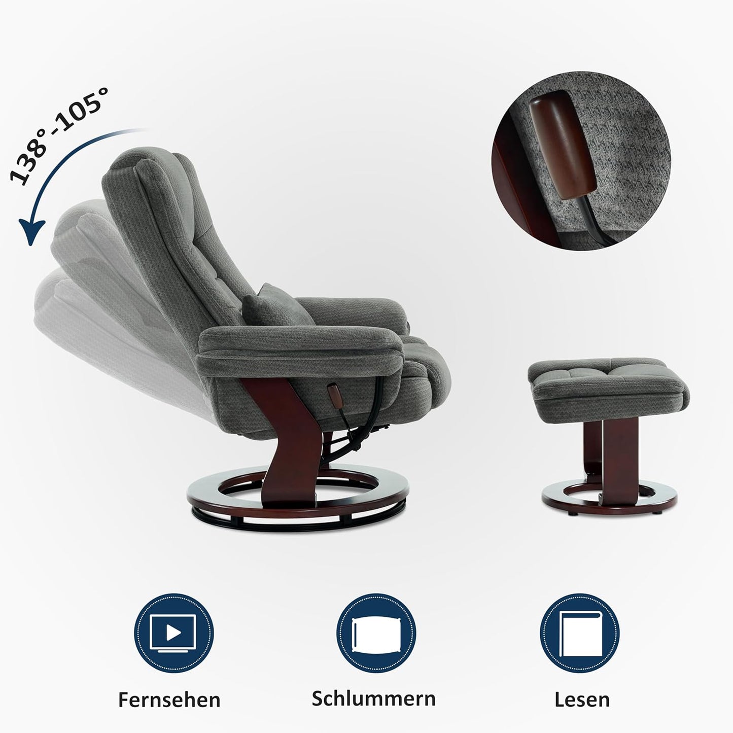 Fauteuil – Relaxstoel – Draaifauteuil – Leesstoel – Loungechair – 360° Draaibaar – Verstelbare Rugleuning – Inclusief Hocker – Grijze Stof – Max 120 kg