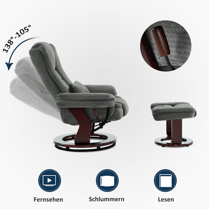 Fauteuil – Relaxstoel – Draaifauteuil – Leesstoel – Loungechair – 360° Draaibaar – Verstelbare Rugleuning – Inclusief Hocker – Grijze Stof – Max 120 kg