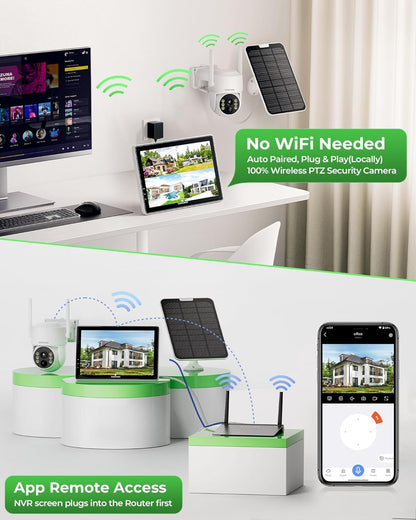 Camcamp Bewakingscameraset op zonne-energie met 10 inch monitor en 500 GB harde schijf, 2K PTZ zonnecamera voor buiten wifi, 10 CH NVR, HDMI-uitgang, kleurnachtzicht, PIR-bewegingsdetectie, 2-weg