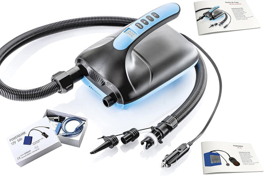 Elektrische SUP-pomp met 3 adapters voor stand-up paddle board, opblaasbare boot, luchtmatras, 12 V DC, hogedruk-luchtpomp tot 20 psi/1,4 bar instelbaar, SUP-compressor met auto-off-functie