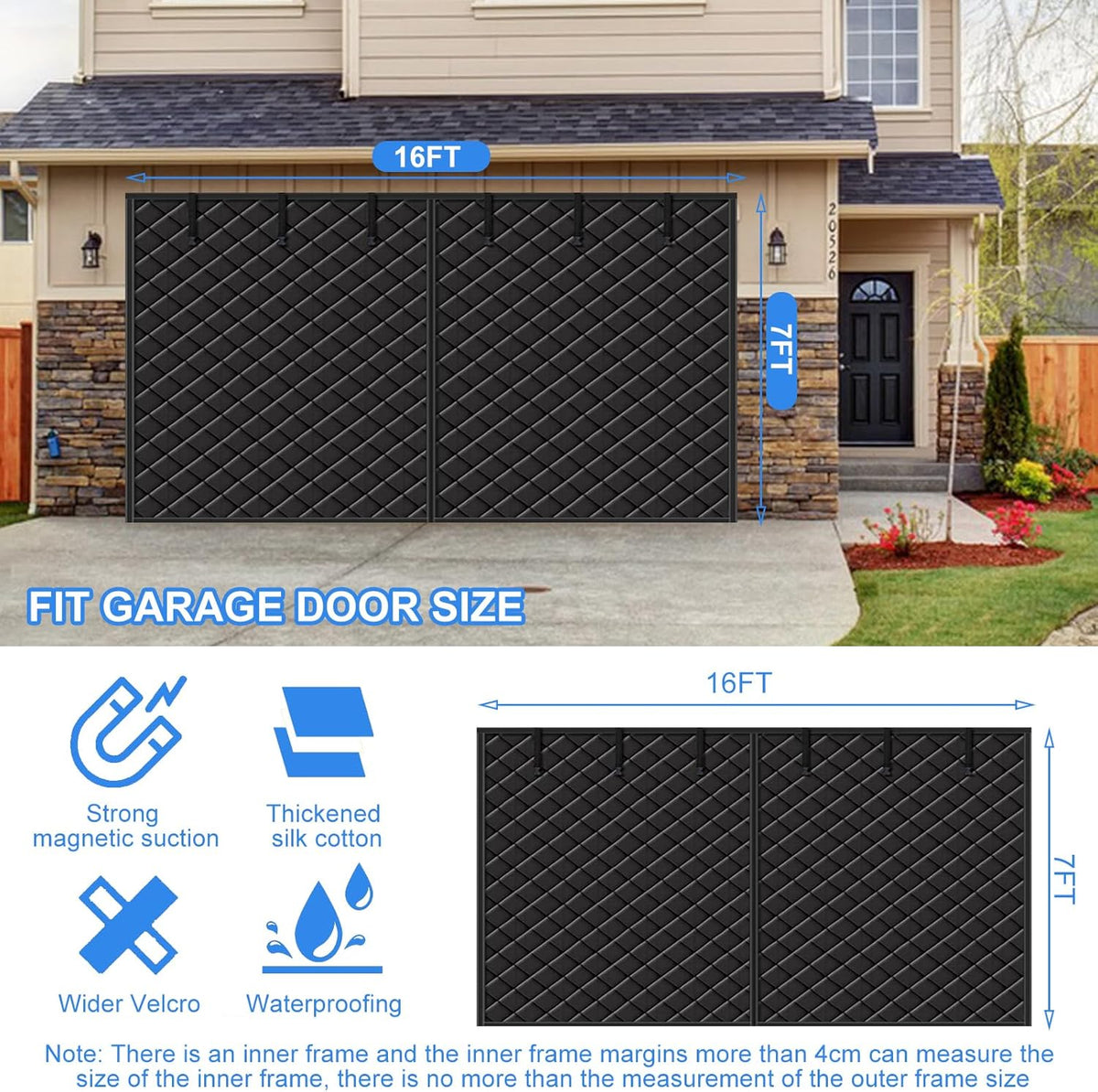 Garage Magnetisch thermisch geïsoleerd deurgordijn, garagedeurgordijnen, koud en waterdicht, winddicht en warmte-isolerend, Oxford stof, deurscherm isolatie afdekking voor de winter (zwart, 490 x 215