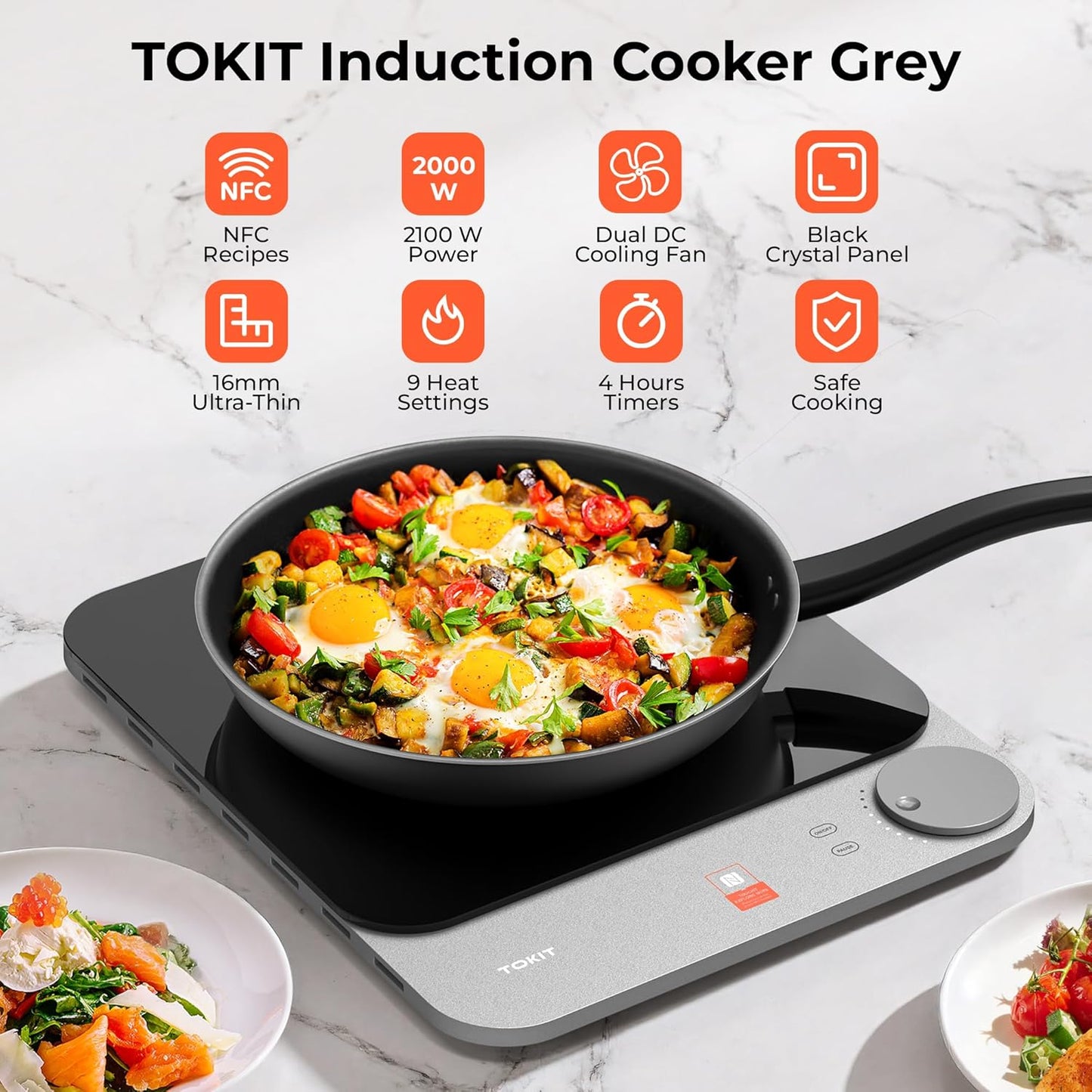 TOKIT Inductie Cooker Inductiekookplaat automatische panherkenning 2100 W 1-knops bediening 16 mm ultradun Sous-Vide kristaloppervlak anti-kras-grijs
