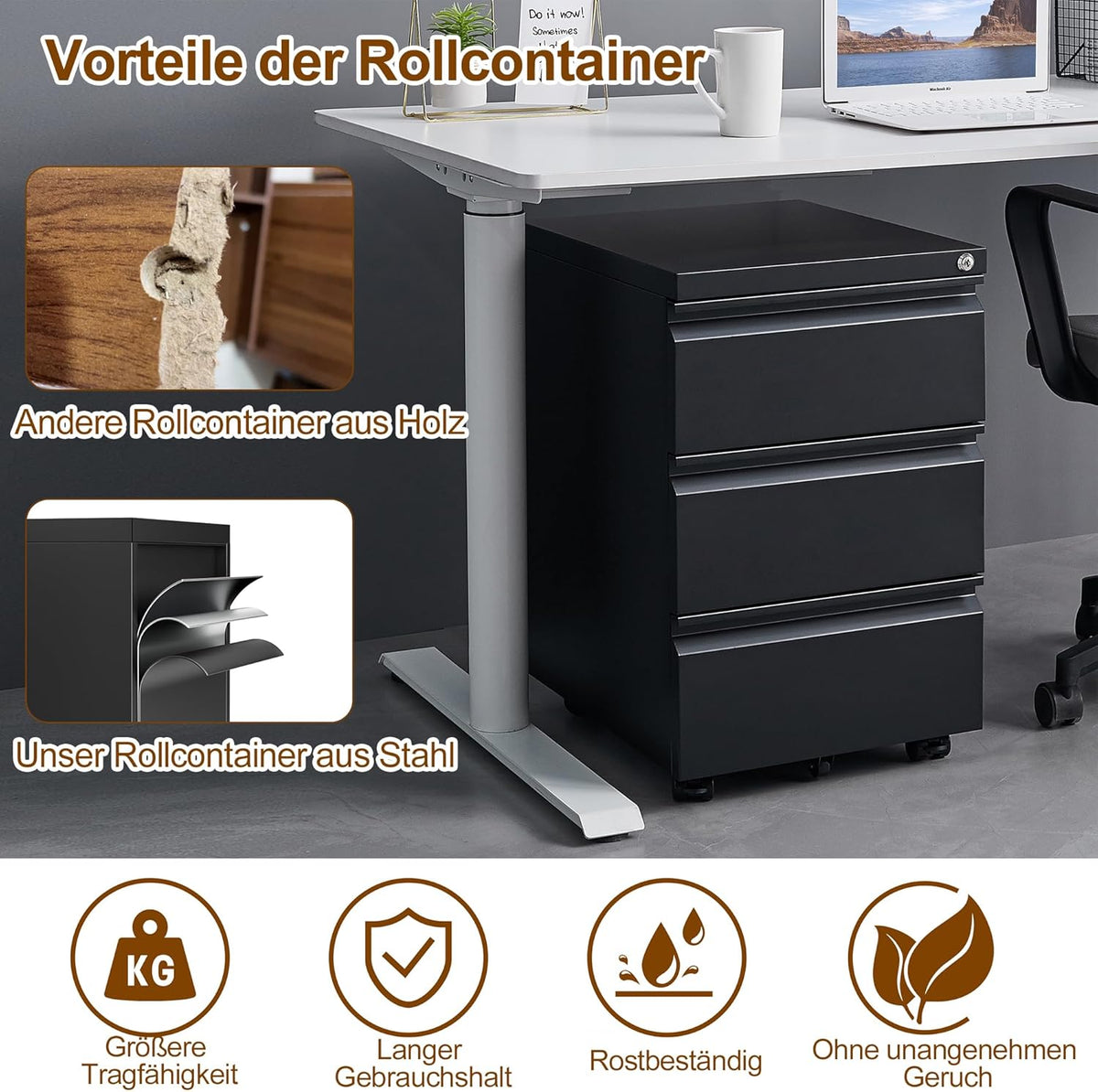 Rolcontainer, mobiele archiefkast met slot, 4 sleutels, 3 laden, kantoorkast van metaal, al voorgemonteerd, voor kantoor, thuiskantoor, zwart