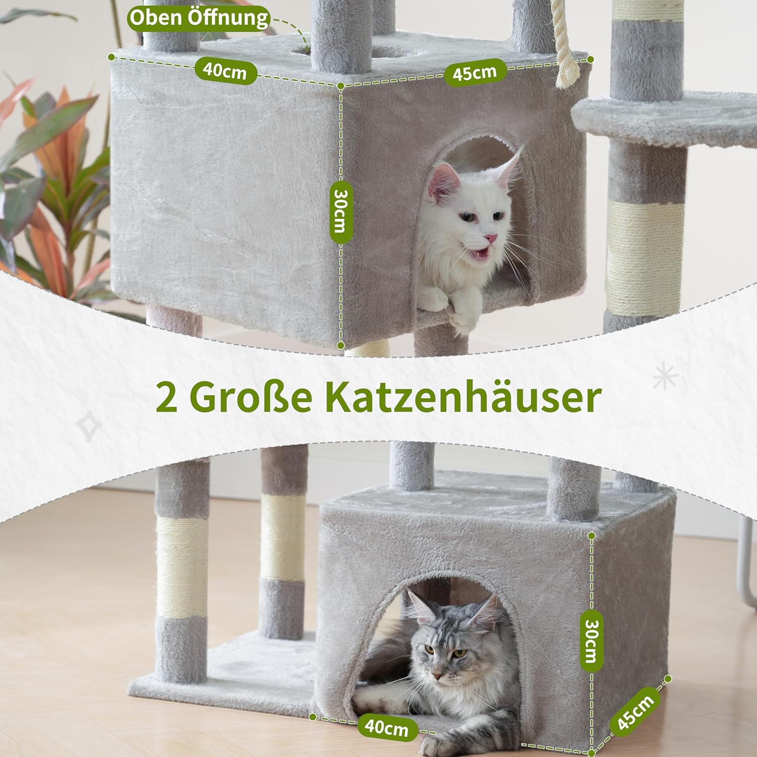 Large Cat Scratching Post for Large Adult Cats, 174 cm Cat Scratching Post with Hammock, 2 Large Sitting Bars, 2 Cat Cavities, 15 Scratching Bars, Light Grey GCT033W - QUORE