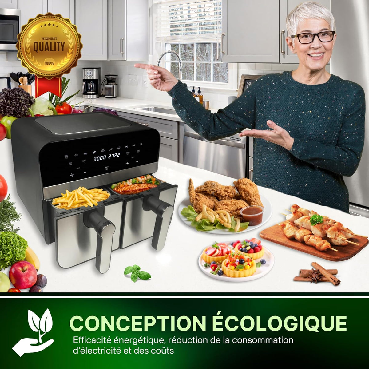 Comfy Nest, CNAFD45NS Heteluchtfriteuse, digitale dubbele mand, 2400 W, 9 l, van roestvrij staal, gezond en snel koken, ideaal voor je familiemaaltijden, 9 l, zilver