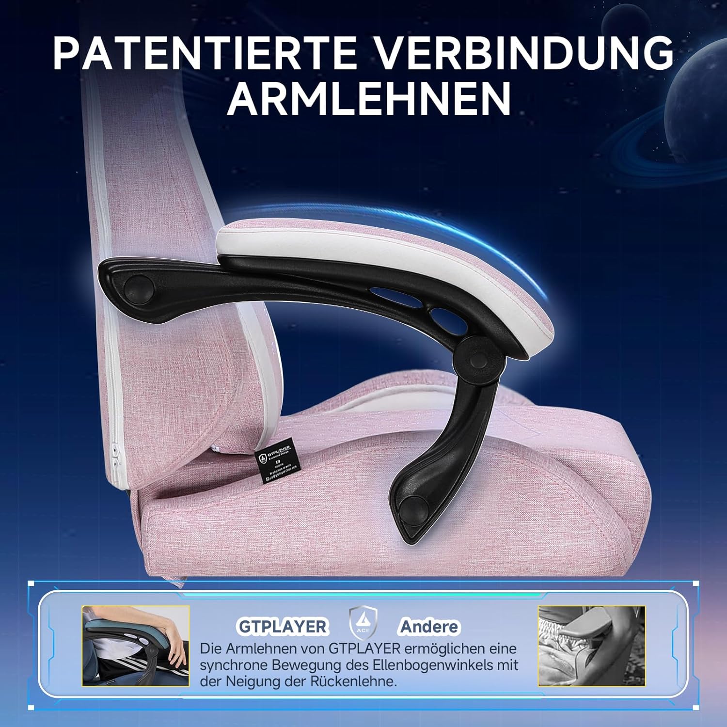 GTPLAYER Ergonomic Linen Gaming Chair with Lumbar Support, Computer Chair with Extended Backrest, Supports up to 150 kg, Pink - QUORE