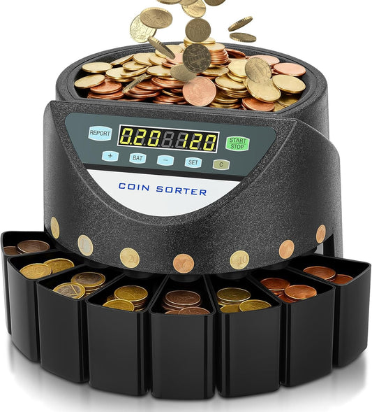 Muntenteller en -Sorteerder – Muntensorteerder – Geldtelmachine – Muntentelmachine – Voor Ongesorteerde Euromunten – 8 Opvangdozen – 220 Munten Per Minuut