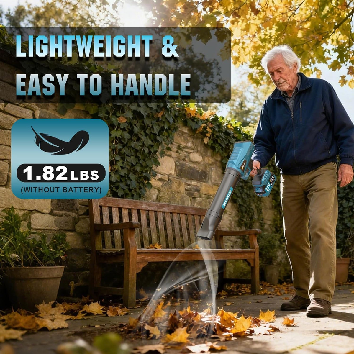Accu-bladblazer, borstelloze motor met 2x4.0Ah accu's, bladblazer, luchthoeveelheid 800m³/h, traploos verstelbaar versnellingsbak, 3 sproeiers, 0,82 kg, licht voor tuin, blad, stof & sneeuw'