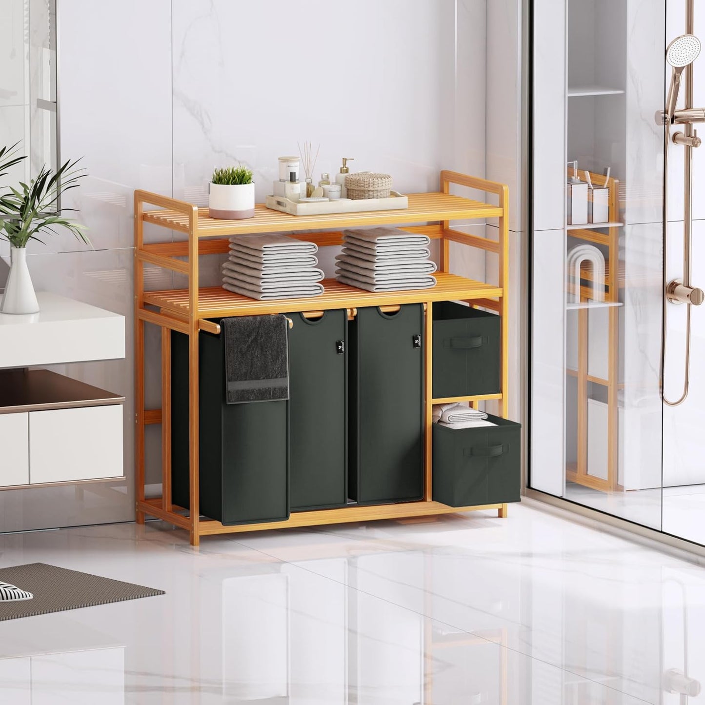 ADEL DREAM Wasmand 5 vakken, 2 planken, wasverzamelaar, 190 liter, wasboxen met mand, wassorteerder met 3 waszakken en 2 stoffen boxen, waszak, bamboe, wasrek, wasmand, laundry basket, donkergrijs