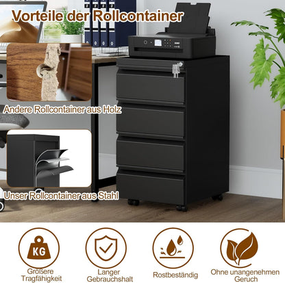 Rollcontainer, mobiele archiefkast, 4 laden, afsluitbaar, 37 x 44 x 71,5 cm, zwart OFC241B01HI