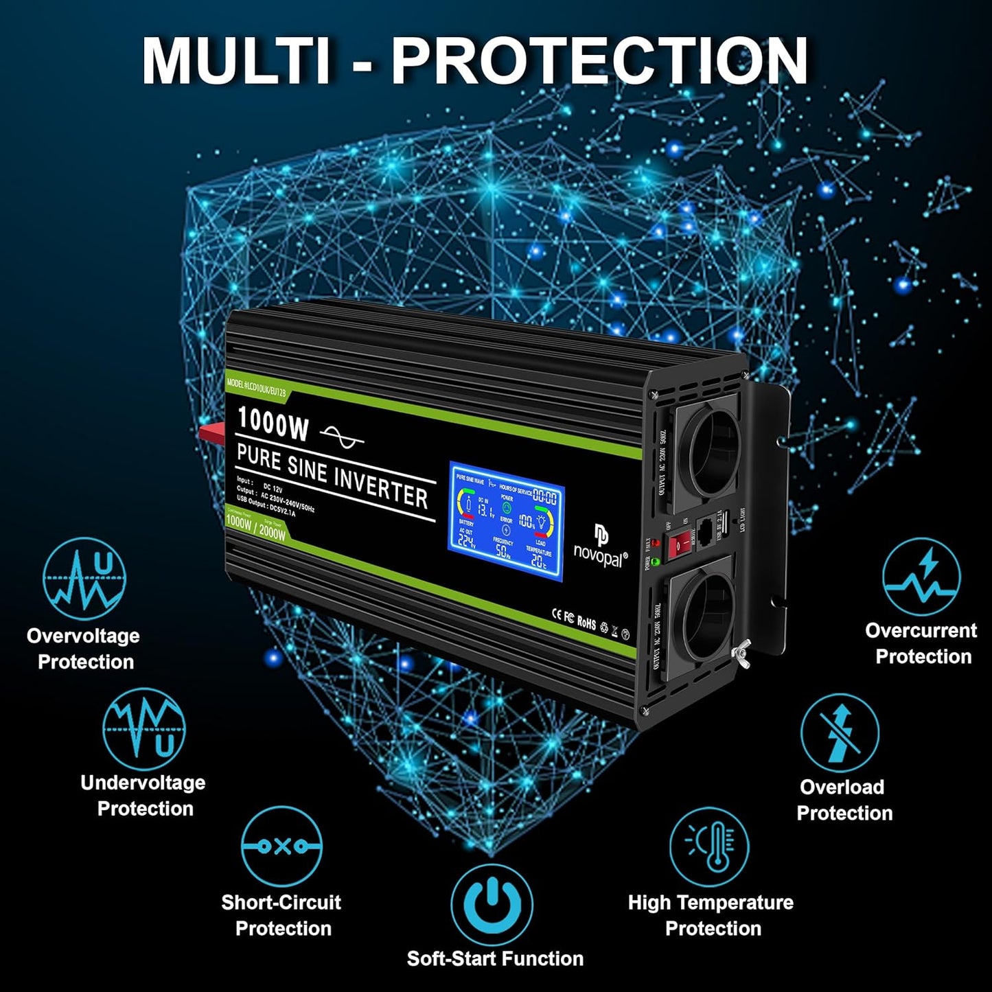 novopal Pure Onda Omvormer, 12 V naar 220 V, met lcd-display, 2 AC-uitgangen en afstandsbediening van de USB-aansluiting, voor camper, vrachtwagen, boot, camping, thuis (LCD 1000W 12V)