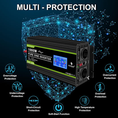 novopal Pure Onda Omvormer, 12 V naar 220 V, met lcd-display, 2 AC-uitgangen en afstandsbediening van de USB-aansluiting, voor camper, vrachtwagen, boot, camping, thuis (LCD 1000W 12V)