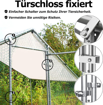 Chicken Coop 6 x 3 x 2 m, Free Running Chickens with PE Roof, Galvanised Steel with Lock, Aviary for Chicken Cage, Small Animals, Bird Cage - QUORE