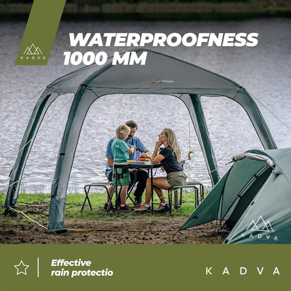 AIRcamp Base Tent, overkapping, waterdicht, 1000 mm, gelijmde naden, tunnelconstructie, 3 opblaasbare bogen, afmetingen 350 x 350 x 210 cm, inclusief pomp UPF 50+ haken, kleur groen