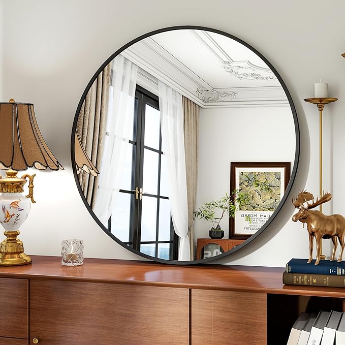 Wandspiegel – Ronde Spiegel – Passpiegel – Badkamerspiegel – Hangspiegel – 106 cm – Zwart Aluminium Frame