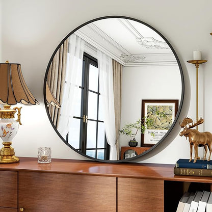 Wandspiegel – Ronde Spiegel – Passpiegel – Badkamerspiegel – Hangspiegel – 106 cm – Zwart Aluminium Frame