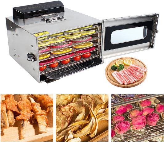 Stainless Steel Food Dryer, 400 W, 6 Compartments, 30-90 °C, Temperature Control, LCD Display, Fruit Dryer, Timer, 30 Minutes - 24 Hours - QUORE