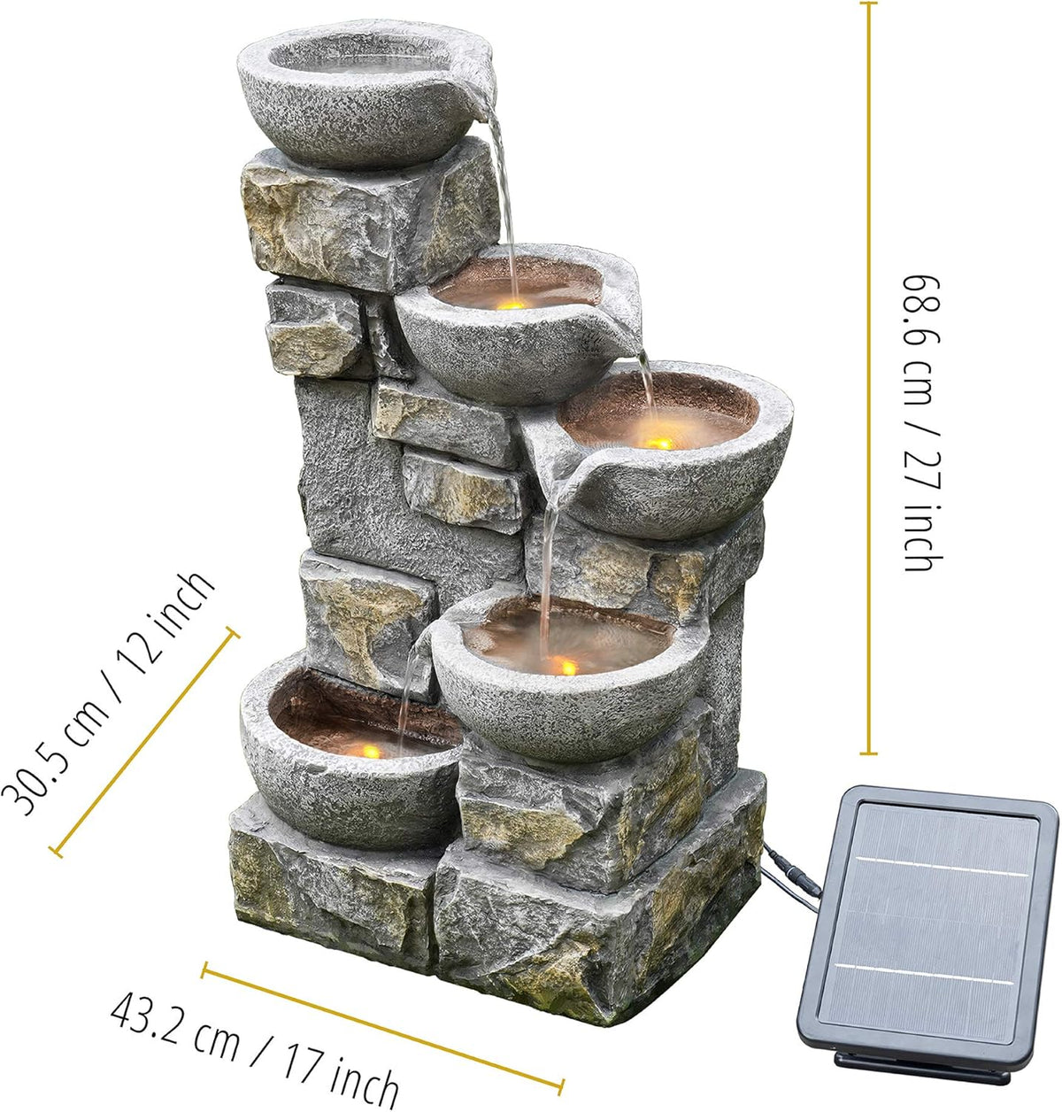 Teamson Home Buiten Tuin Water Fontein Met Lichten - Zonne-Energie - Waterornament - 4 Kommen Ontwerp - Waterval - Tuindecoratie - Binnen & Buitenhuis - Met Pomp - 43.2 x 30.5 x 68.6 (cm)