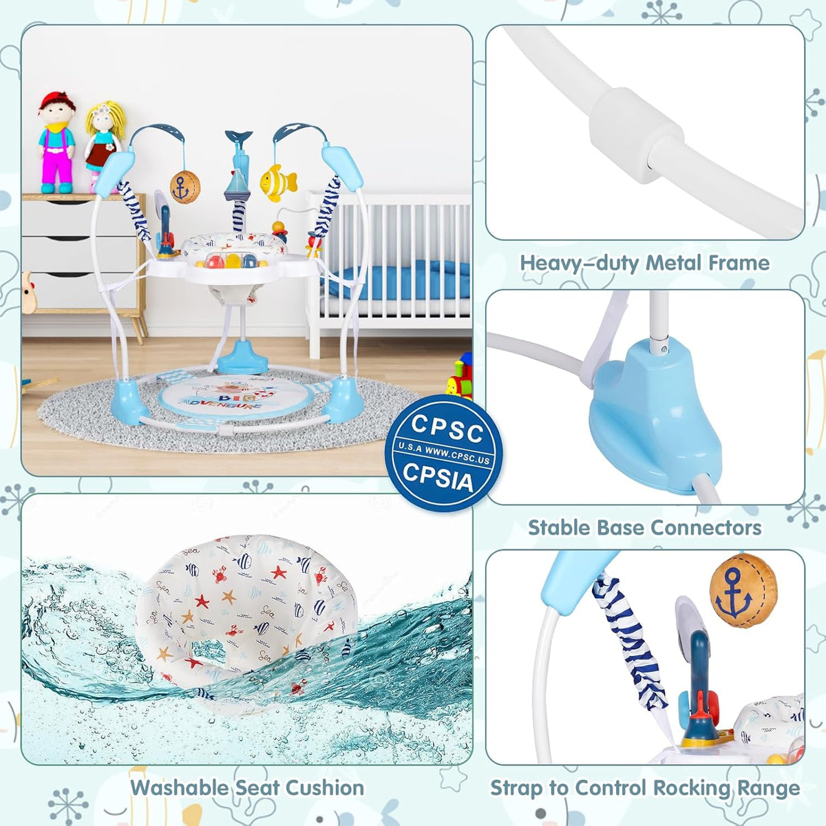 JP2401 Baby Activity Center 3-in-1 Baby Activity Center with 360° Rotating Seat, Music, Lighting, 3 Adjustable Heights, Children's Activity Bridge for More - QUORE