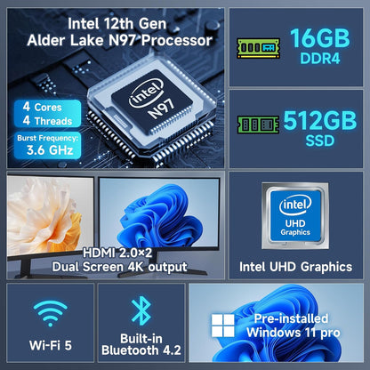 BMAX Mini PC Intel N97 (tot 3,6 GHz) 16 GB DDR4 RAM 512 GB M.2 SSD Win 11 Pro Mini Desktop B4Pro Mini PC Sobremesa HDMI/WiFi 5/BT4.2/USB3.2 Dual Display Tower PC met VESA voor School/Kantoor.