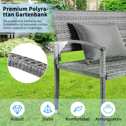 Tuinbank - Buitenbank - Terrasbank - Balkonbank - 2-zitsbank - met Staal Frame - Armsteunen - Tuinmeubelen - voor Tuin - Terras - Balkon - Polyrotan - 122 x 60 x 85 cm - Grijs