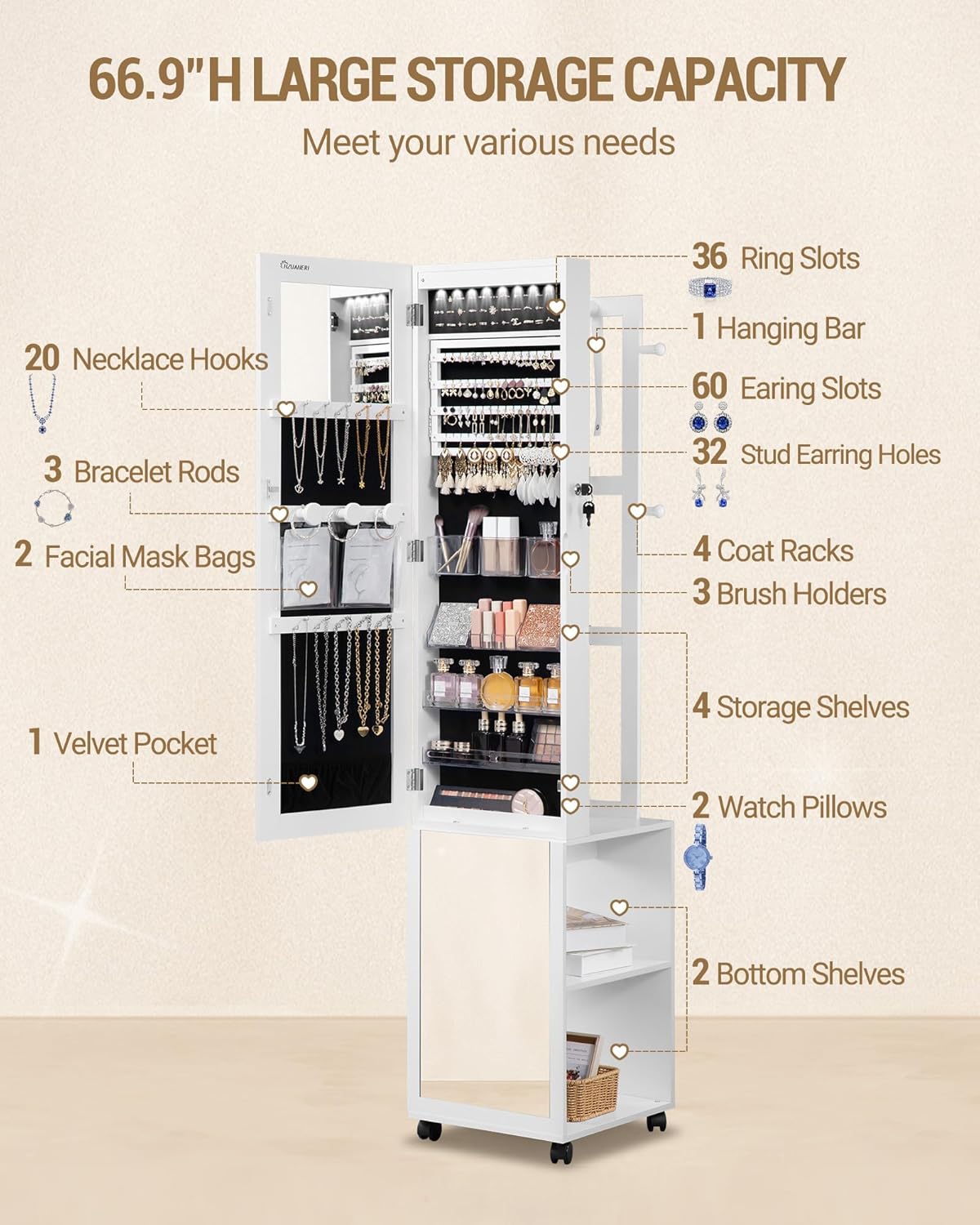 Hzuaneri Jewelry and Wardrobe with 8 LEDs, 165cm Jewelry Storage System with 1 Clothes Rack, Lockable Full Length Mirror with 4 Wheels, Storage Shelves with Hooks, White and Black JC17003B