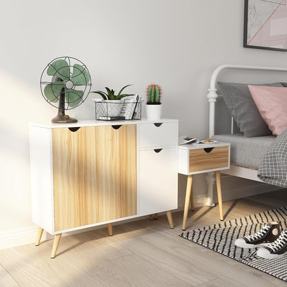 Mondeer Commode, dressoir hout met 1 lade en 3 deuren voor woonkamer slaapkamer hal, wit en natuur 90 x 30 x 73 cm
