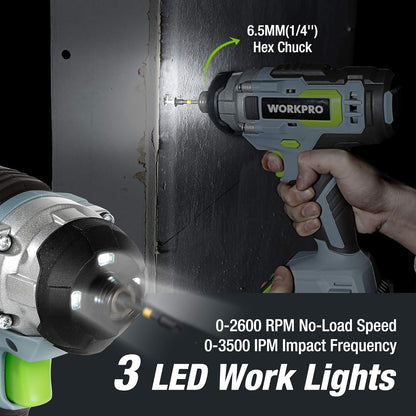 WORKPRO 2-piece cordless screwdriver impact screwdriver set 20 V 2.0 Ah, 2 batteries and charger incl. - QUORE
