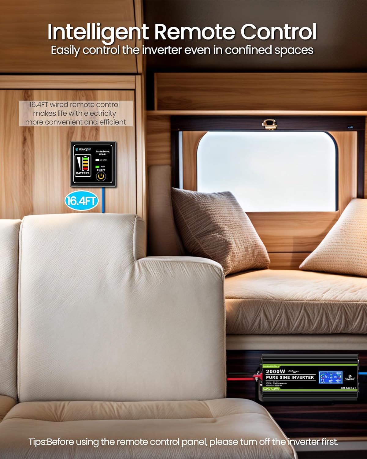 Novopal Pure Sinus Omvormer 2000W 24V naar 230V 240V Auto Converter Omvormer met LCD Display 2AC Outlets En USB Port-Afstandsbediening voor campers, Vrachtwagen, Boot, camping, huishouden, Van