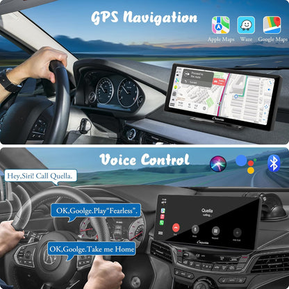 Carpuride W103 Pro met Draadloze Bluetooth Transmissie Draagbare Apple Carplay & Android Auto Autoradio, 10,3 inch 1080P Touchscreen, Mirror Link/GPS/Siri/FM/Google, Dashboard Gemonteerd