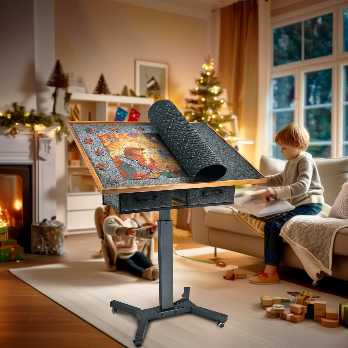 FATIVO Puzzle Table, 1500 Pieces, Height Adjustable with Wheels 70 x 90 cm, with 2 Fabric Drawers, Mobile Puzzle Board 74-98 cm, for Adults, Puzzle Board, Adjustable Angle, Black, Brown - QUORE