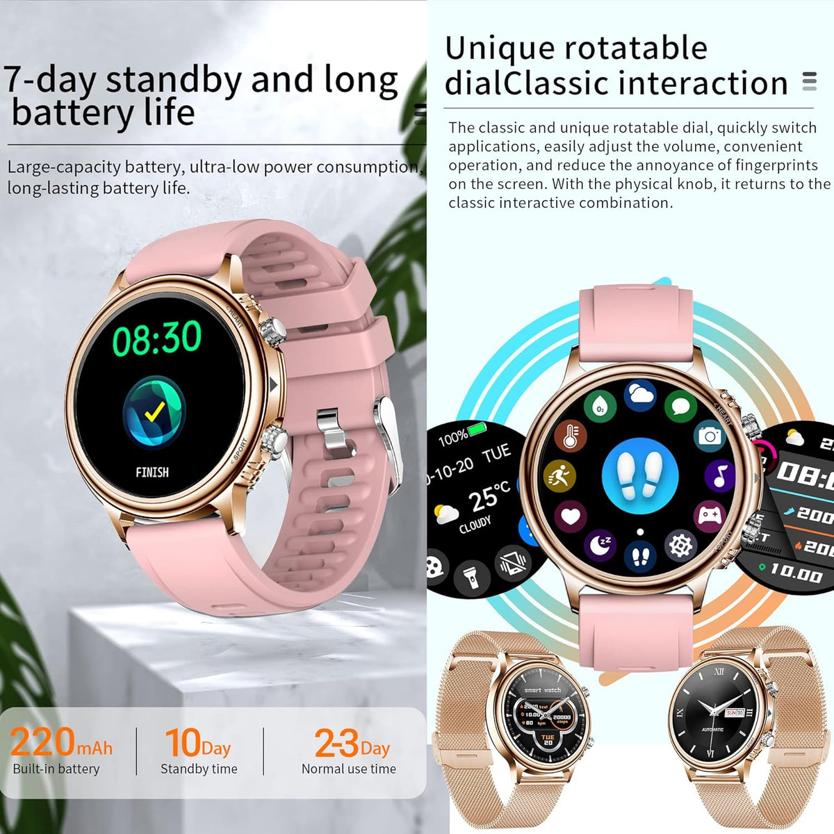 Smartwatch Dames met Bellen/Kiezen via Bluetooth, Smart Watch voor Dames, Slaapmonitor Menstruatie volgen, Calorie Stappenteller Stopwatch Smart Activity-Armband voor Android iOS (Goud)