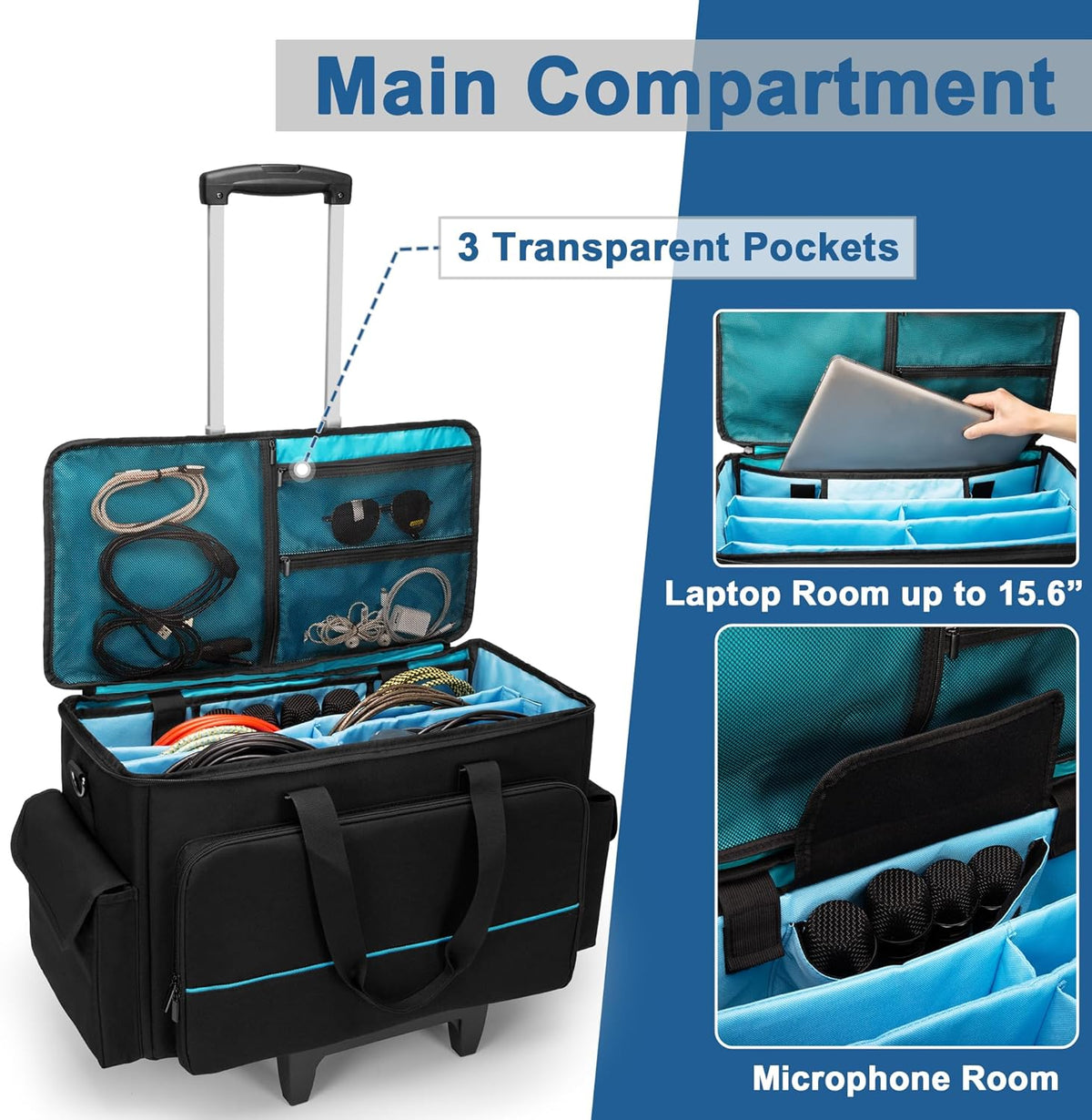 Rolling DJ Kabeltas – DJ Tas – Kabel Organizer – Gig Bag – Muziek Tas – Ruime Opbergruimte – Verwijderbare Trolley & Divider