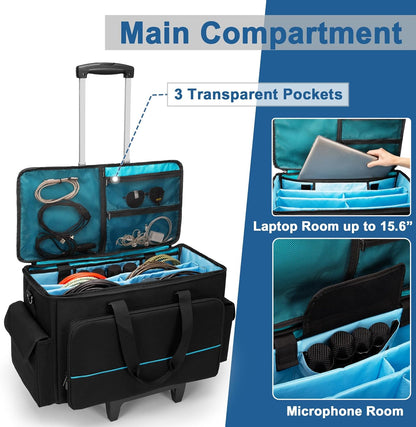 Rolling DJ Kabeltas – DJ Tas – Kabel Organizer – Gig Bag – Muziek Tas – Ruime Opbergruimte – Verwijderbare Trolley & Divider