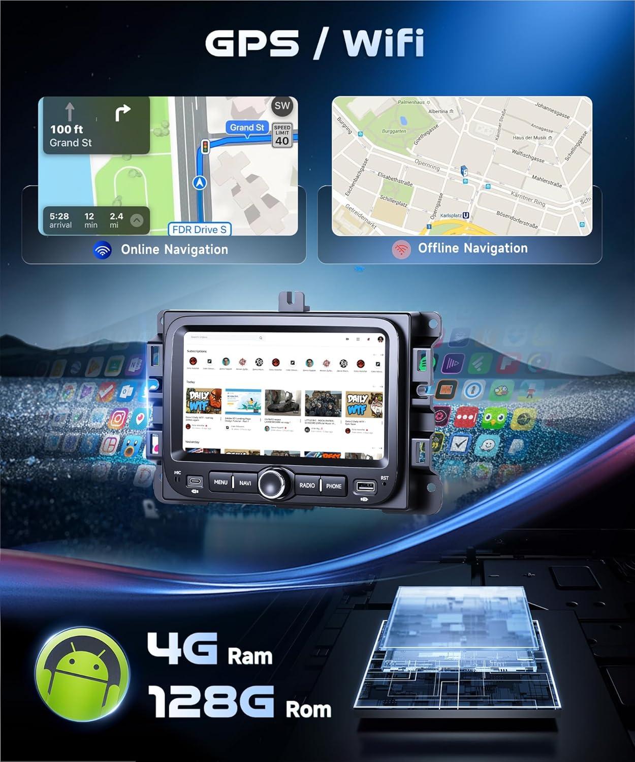 Autoradio Jeep Renegade – Auto Stereo – Multimedia Systeem – Navigatie Radio – DAB Radio – 7" IPS Touchscreen – Android 15 met Draadloos CarPlay & AHD Camera