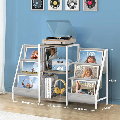 Bikoney Platenkast met Opbergruimte voor Platenspeler – Tafelkast voor Draaitafel met Display, Geschikt voor 300 LP's, Media Console met CD Rek voor Vinyl, Stereo & Draaitafel (Wit)