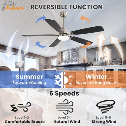Sofucor Plafondventilator met licht, 132 cm, dimbaar, led-plafondventilator, afstandsbediening, 6 snelheden, stil, DC omkeerbaar, timer voor slaapkamer