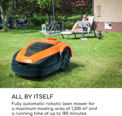 Blumfeldt Garden Hero - robotmaaier, lithium-ion-accu: 5,2 Ah, incl. Laadstation, automatisch opladen, looptijd: tot 180 min., Oppervlakte: tot 1.200 m², beschermingsklasse: IPX4, oranje