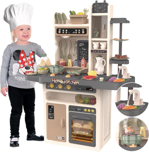 Speelkeuken - Speelgoedkeuken - Keukenset - met Licht - Water - Stoom - Klei - 65 Keukenaccessoires - Modern Stijl - 71 x 28.5 x 93.5 cm - Grijs