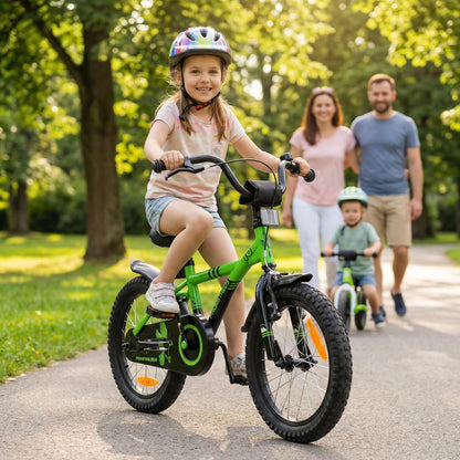 PROMETHEUS BICYCLES Kinderfiets, 16 inch, vanaf 5 jaar, voor meisjes en jongens, met zijwieltjes, achteruittraprem, groen en zwart