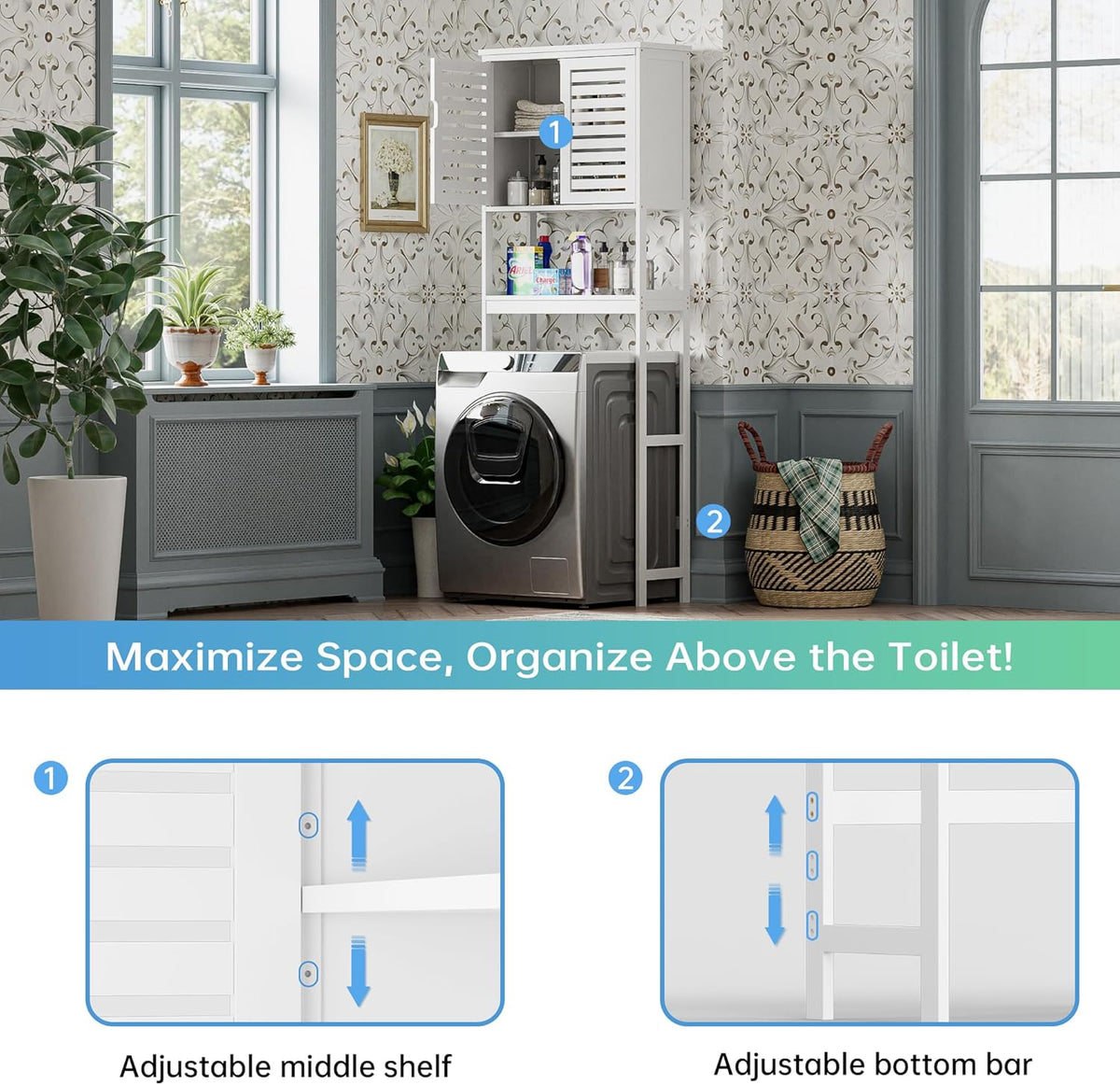 SMIBUY Badkamer boven het toilet opbergkast, 2-deurs bamboe kast organizer, vrijstaand ruimtebesparend toiletrek met verstelbare binnenplank en open plank (wit)