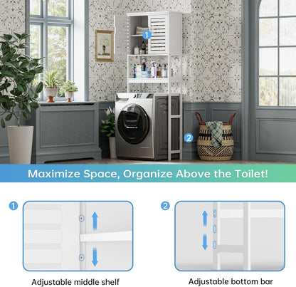 SMIBUY Badkamer boven het toilet opbergkast, 2-deurs bamboe kast organizer, vrijstaand ruimtebesparend toiletrek met verstelbare binnenplank en open plank (wit)