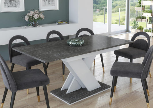 Uitschuifbare Eettafel – Uitklapbare Tafel – Verstelbare Tafel – Eetkamertafel – Tafel Met Marmerlook – 120-160 cm Lengte – Wit V-Vormig Onderstel