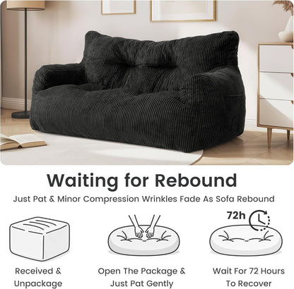 Pamapic Zitzak, zitzak voor volwassenen met vulling, dubbele loungestoel met draagbare handgreep, moderne ergonomische beanbag, indoor zitzak, stoel voor woonkamer, slaapkamer, speelkamer, zwart
