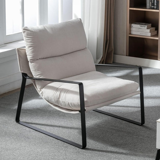 Fauteuil – Lounge Fauteuil – Zetel – Leunstoel – Relaxstoel – Beige Chenille Bekleding – Dik Foam Kussen – Stevig Metalen Frame - QUORE