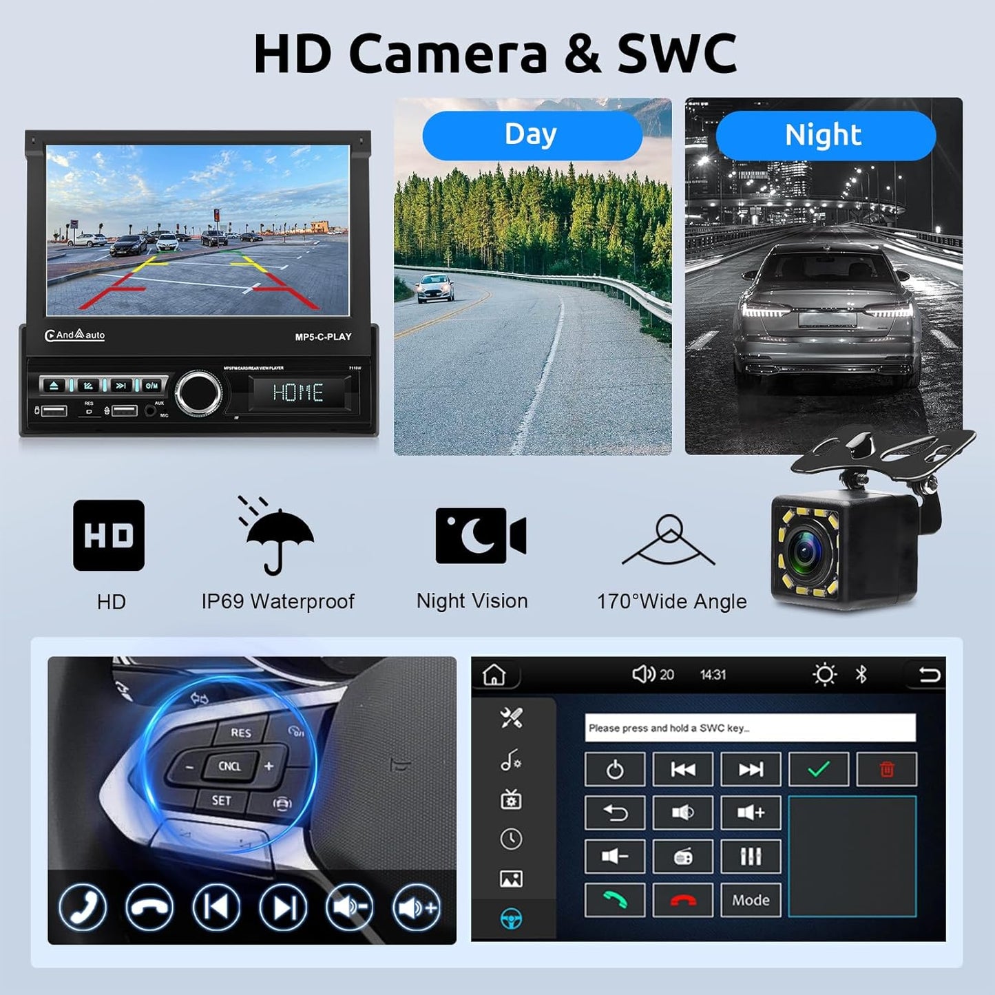 Autoradio 1 Din met draadloze Carplay Android Auto, 7 inch IPS HD elektrisch intrekbaar touchscreen autoradio, Bluetooth Link spiegelen FM 2USB/AUX stuurwielbediening achteruitrijcamera