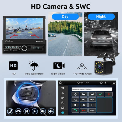 Autoradio 1 Din met draadloze Carplay Android Auto, 7 inch IPS HD elektrisch intrekbaar touchscreen autoradio, Bluetooth Link spiegelen FM 2USB/AUX stuurwielbediening achteruitrijcamera