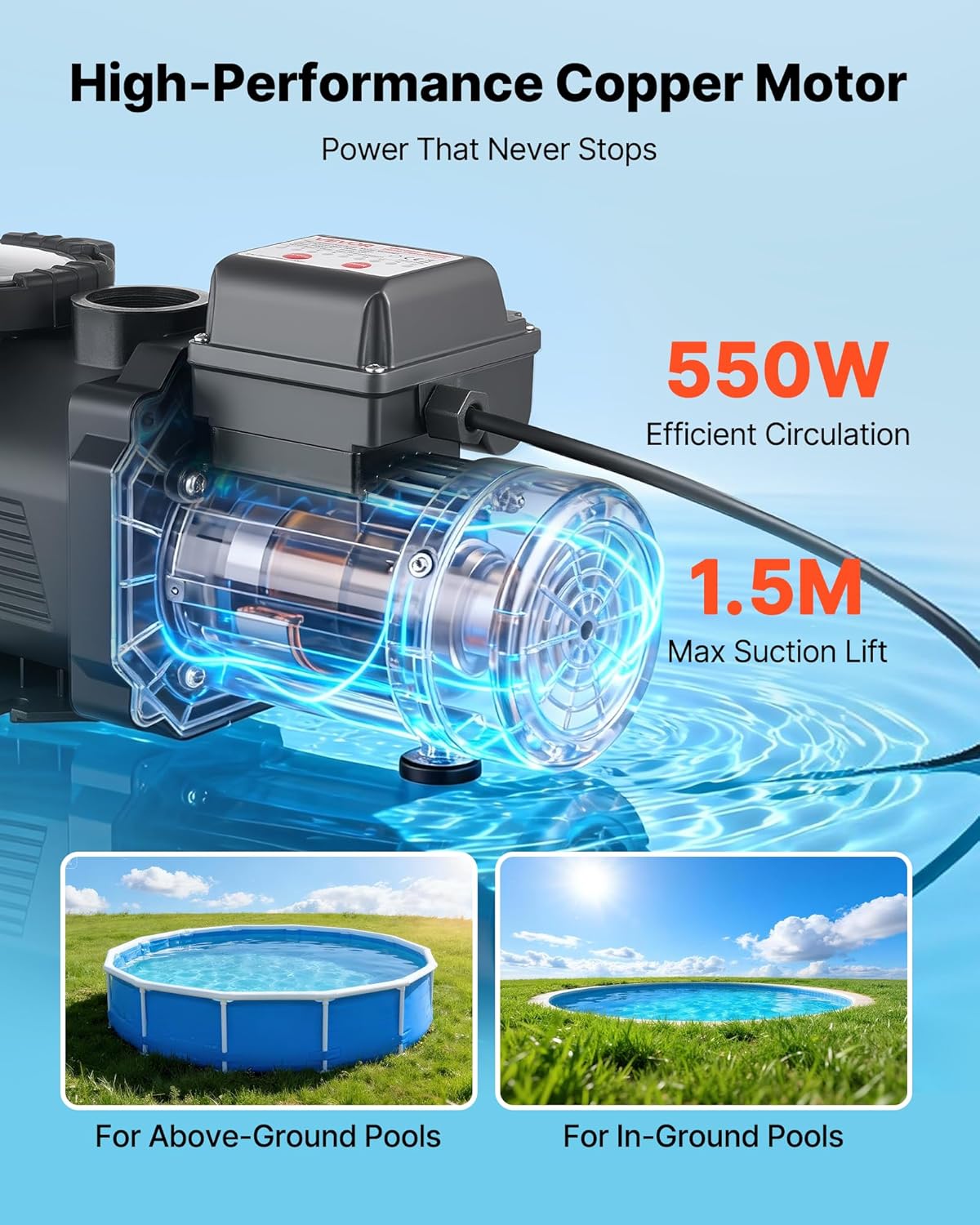 VEVOR Zwembadpomp 550 W, filterpomp max. 14.000 l/u, eentraps zwembadpomp, 3450 tpm, opvoerhoogte max. 12 m, met 24-uurs timer en filtermand, voor